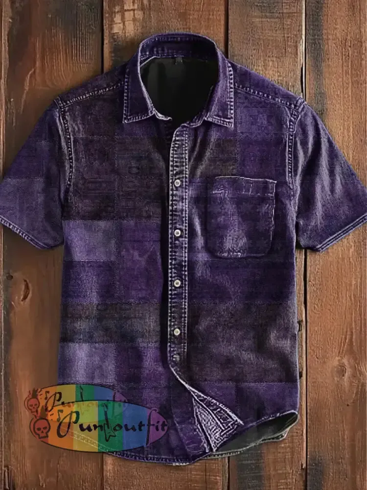 Unisex Vintage Punk Multi Colour Block Patchwork Art Abstract Print Casual Upgraded Cotton Short Sleeve Pocket Shirt
