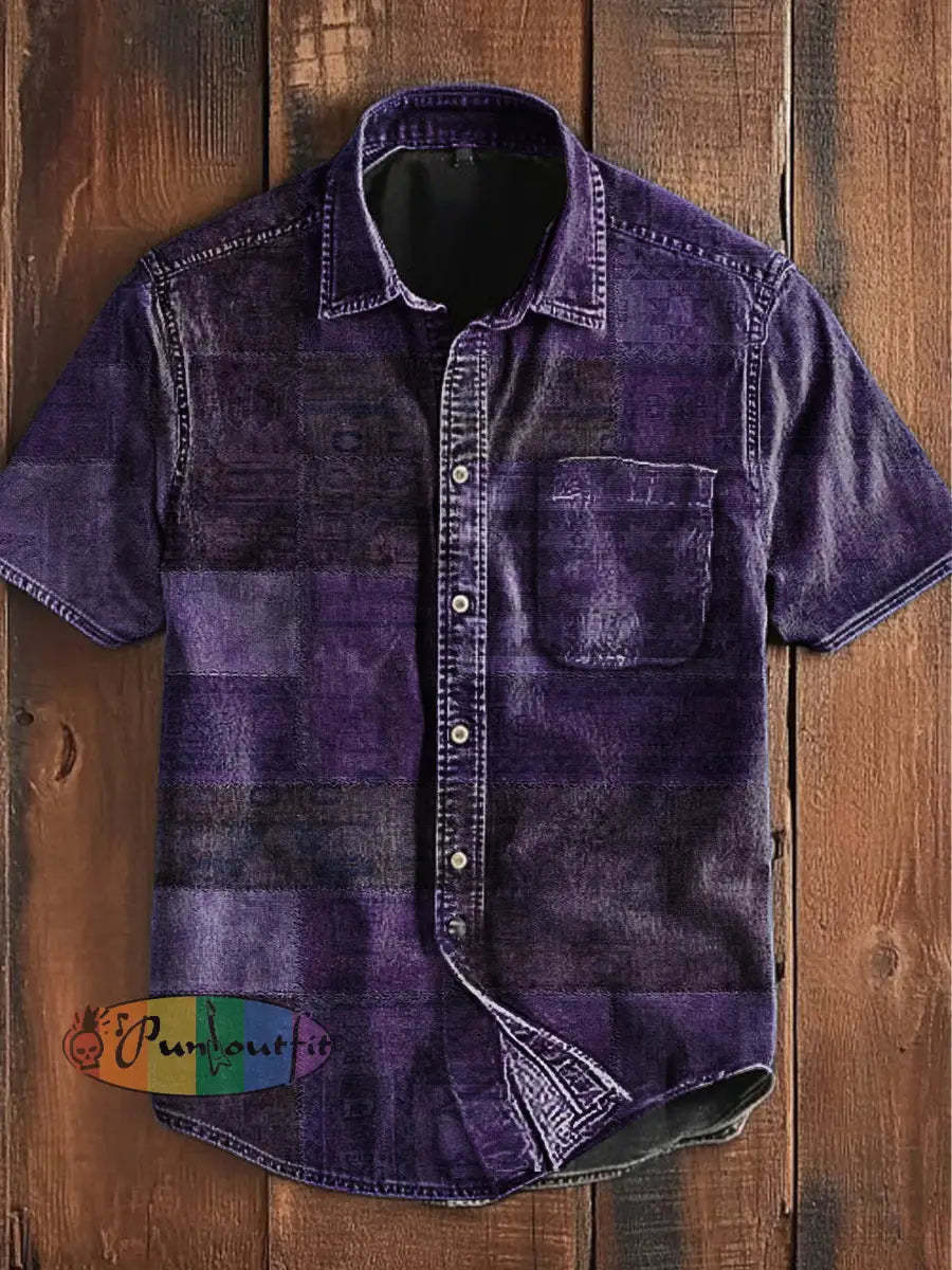 Unisex Vintage Punk Multi Colour Block Patchwork Art Abstract Print Casual Upgraded Cotton Short Sleeve Pocket Shirt