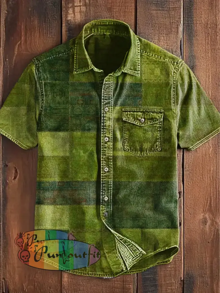 Unisex Men’s Vintage Western Hippie Colorful Green Block Art Abstract Print Casual Pocket Short Sleeve Shirt Green / S