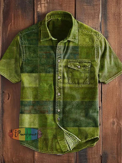 Unisex Men’s Vintage Western Hippie Colorful Green Block Art Abstract Print Casual Pocket Short Sleeve Shirt Green / S