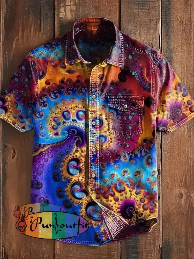Unisex Men’s Vintage Western Hippie Colorful Mandala Art Abstract Print Casual Pocket Short Sleeve Shirt As picture / S