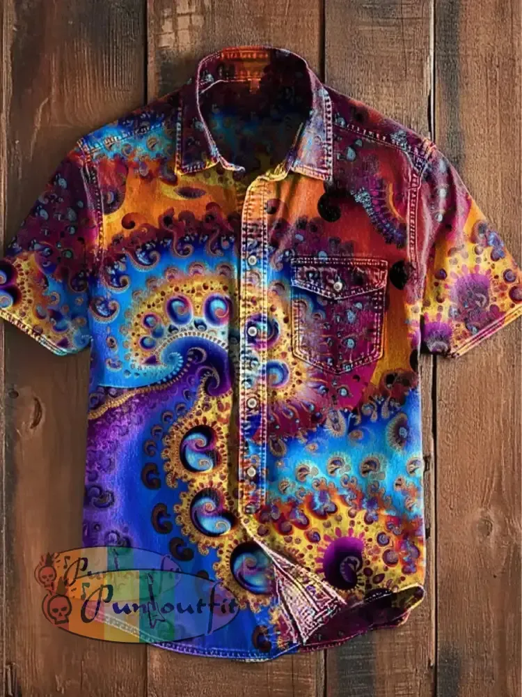 Men’s Vintage Colorful Swirls Trippy Fractal Art Abstract Print Casual Cotton Long Sleeve Button T-Shirt Short Sleeve