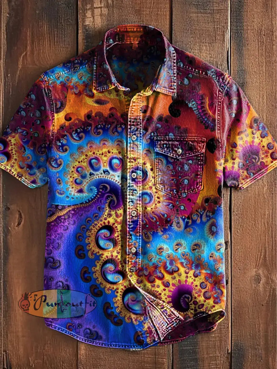 Unisex Men’s Vintage Western Hippie Colorful Mandala Art Abstract Print Casual Pocket Short Sleeve Shirt As picture / S