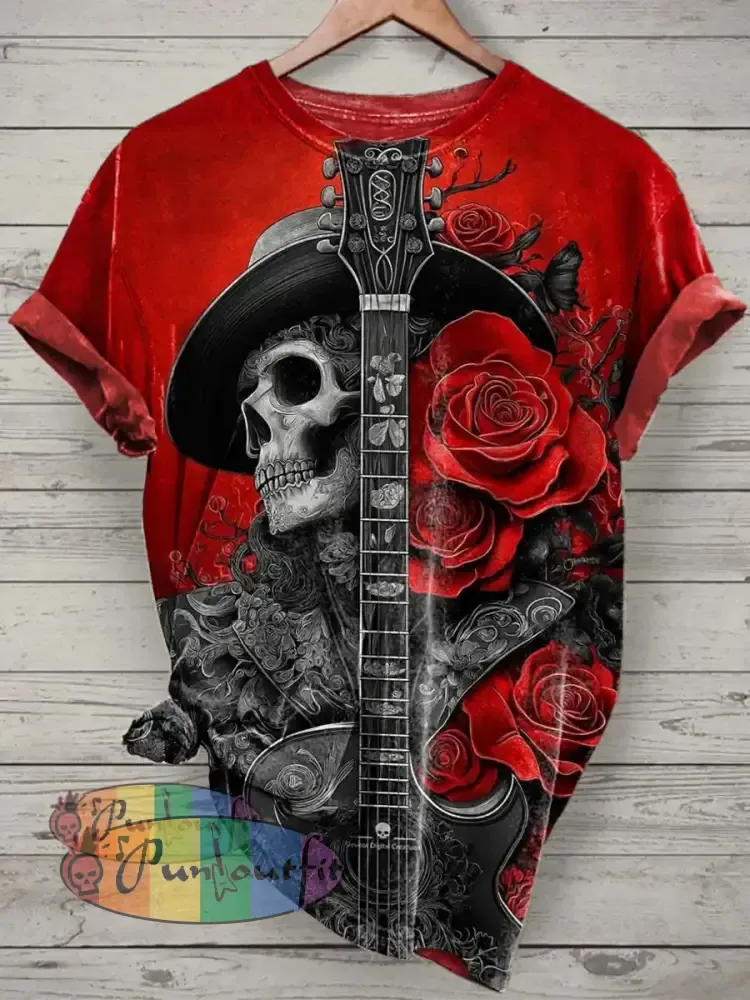 Unisex Music Skull Printed Vintage Fashion Loose Short Sleeve T-Shirt Red / S