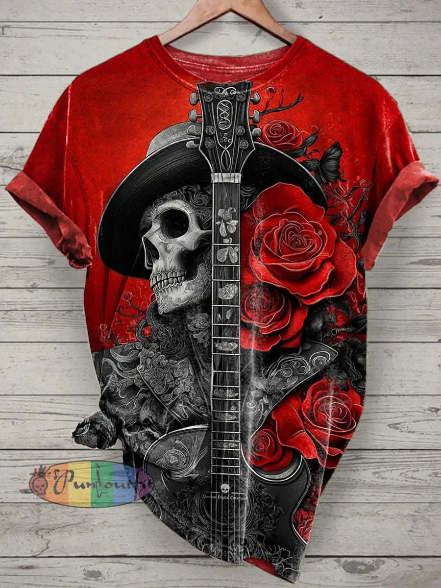 Unisex Music Skull Printed Vintage Fashion Loose Short Sleeve T-Shirt Red / S
