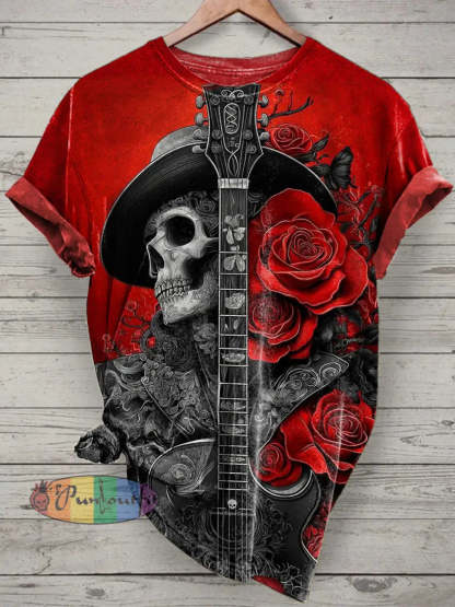 Unisex Music Skull Printed Vintage Fashion Loose Short Sleeve T-Shirt Red / S