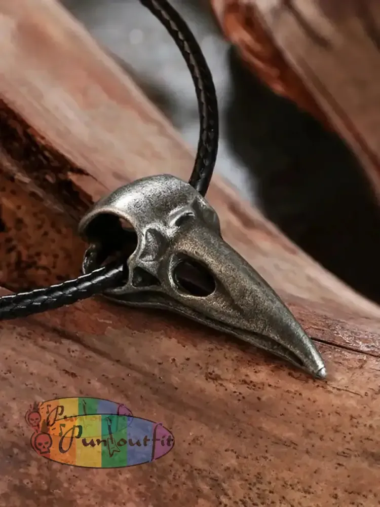 Unisex Punk Metal Skull Crow Head Pendant Necklace Silver / One Size Acc