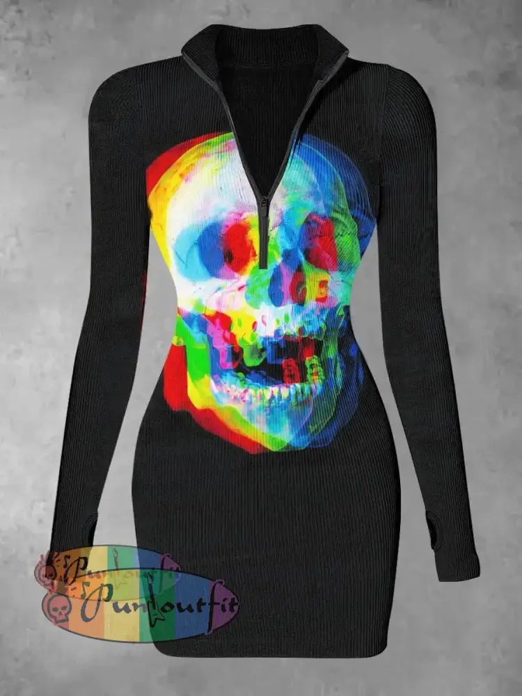 Unisex Punk Skull Halloween Print Crew Neck Casual Sweatshirt Dress-2 / S