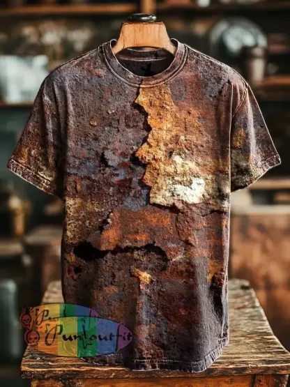 Unisex Retro Aged Rust Printed Casual Loose Short Sleeve T-Shirt Colorful / S