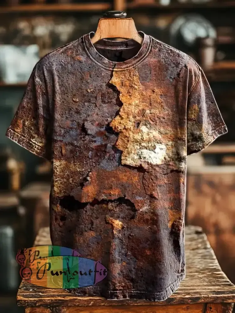 Unisex Retro Aged Rust Printed Casual Loose Short Sleeve T-Shirt Brown / S