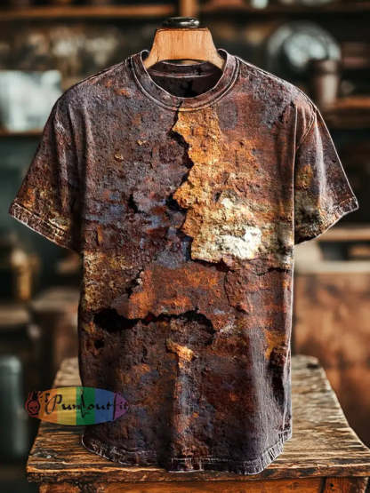 Unisex Retro Aged Rust Printed Casual Loose Short Sleeve T-Shirt Brown / S