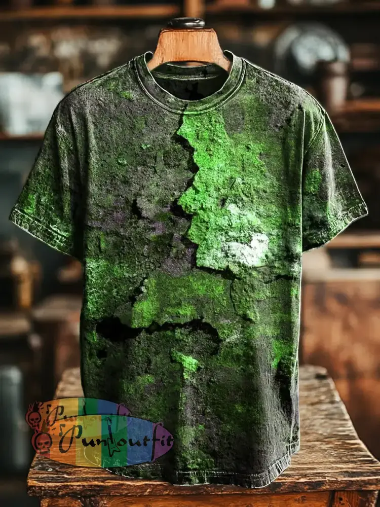 Unisex Retro Aged Rust Printed Casual Loose Short Sleeve T-Shirt Green / S