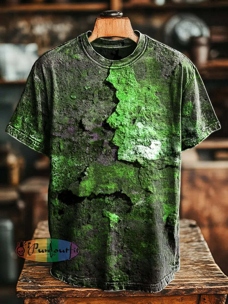 Unisex Retro Aged Rust Printed Casual Loose Short Sleeve T-Shirt Green / S
