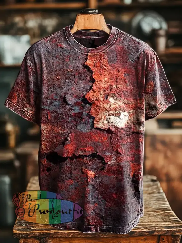 Unisex Retro Aged Rust Printed Casual Loose Short Sleeve T-Shirt