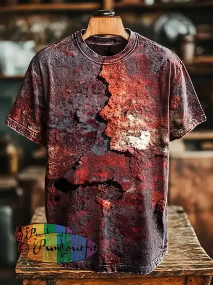 Unisex Retro Aged Rust Printed Casual Loose Short Sleeve T-Shirt Jacinth / S