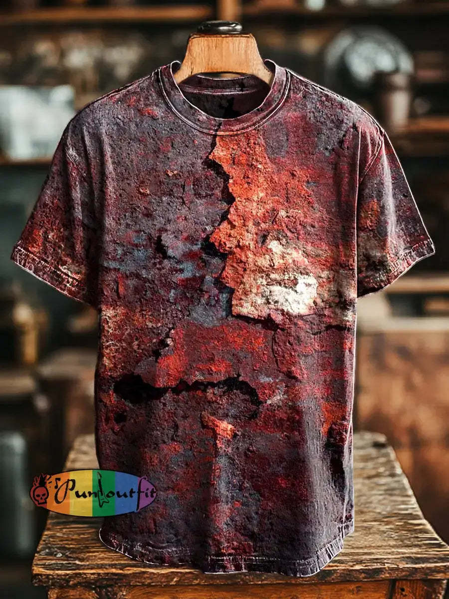 Unisex Retro Aged Rust Printed Casual Loose Short Sleeve T-Shirt Jacinth / S