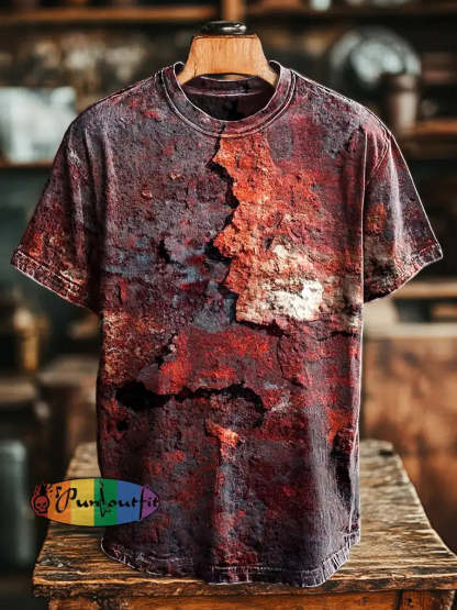 Unisex Retro Aged Rust Printed Casual Loose Short Sleeve T-Shirt Jacinth / S