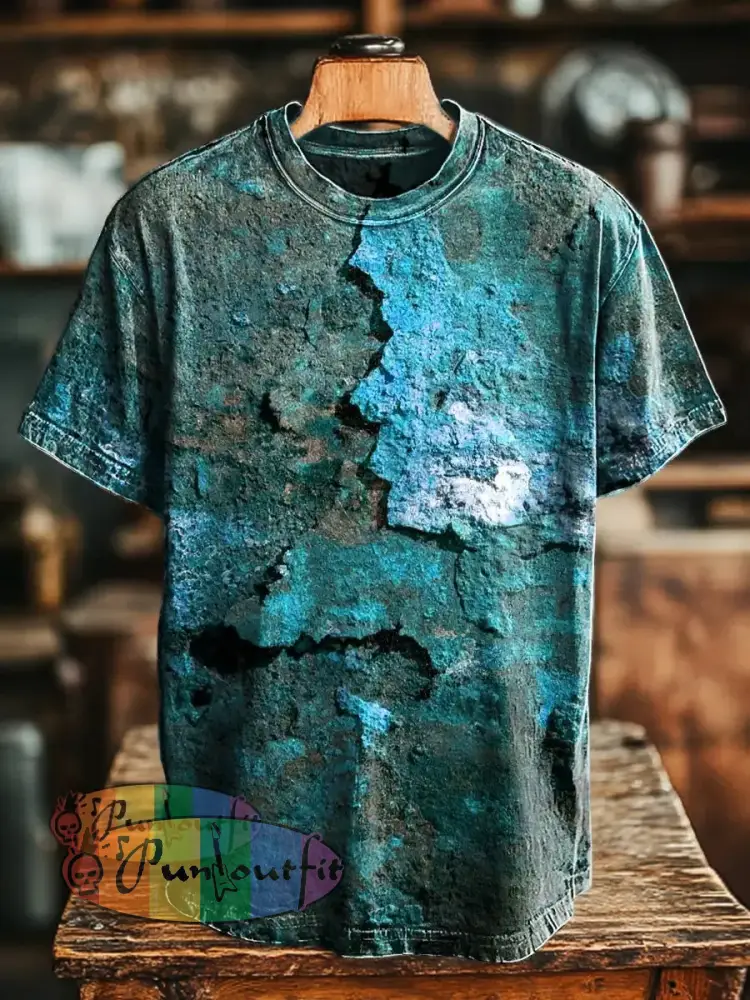 Unisex Retro Aged Rust Printed Casual Loose Short Sleeve T-Shirt Lake Blue / S