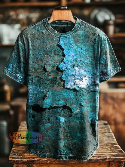 Unisex Retro Aged Rust Printed Casual Loose Short Sleeve T-Shirt Lake Blue / S