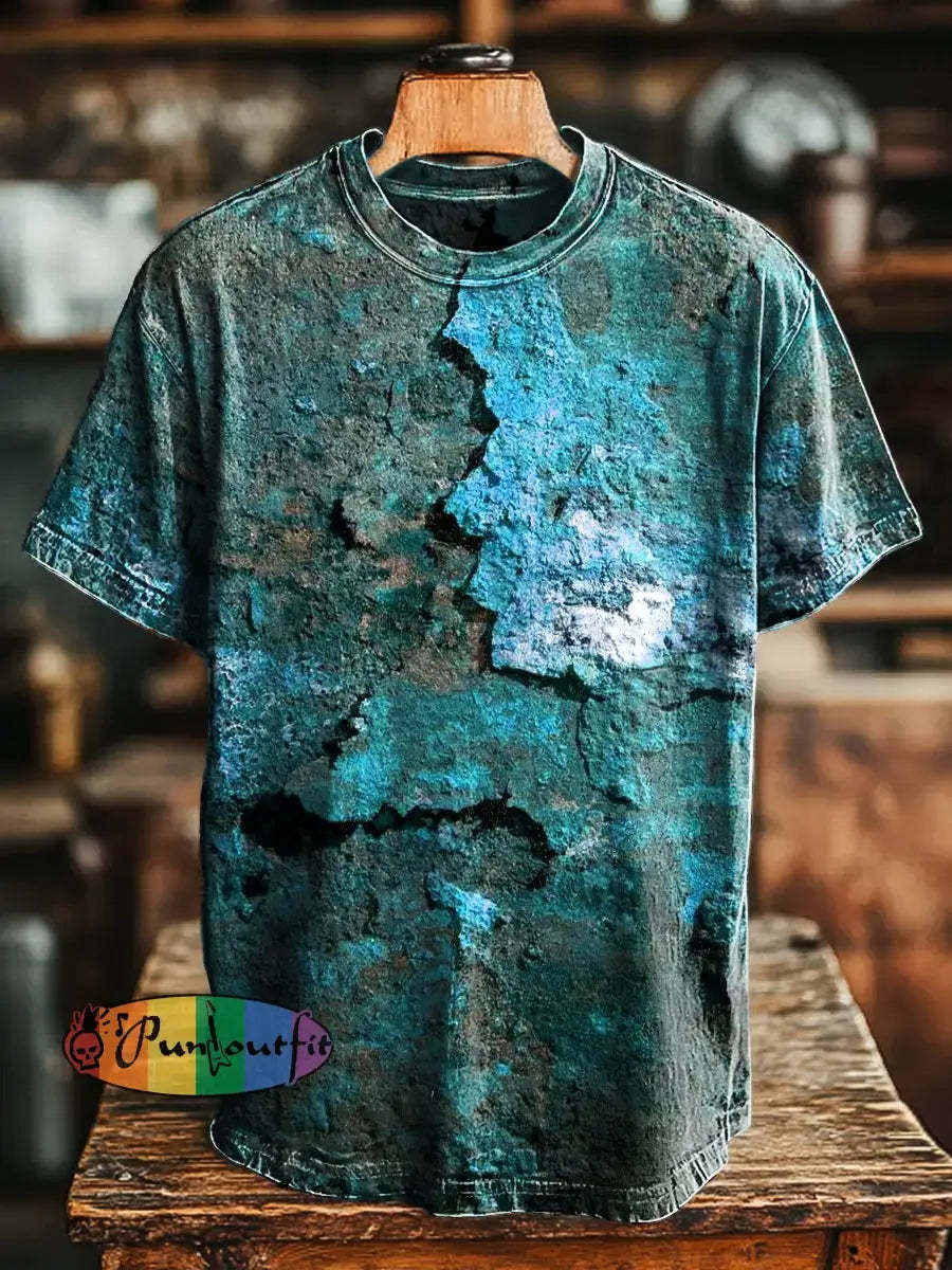 Unisex Retro Aged Rust Printed Casual Loose Short Sleeve T-Shirt Lake Blue / S