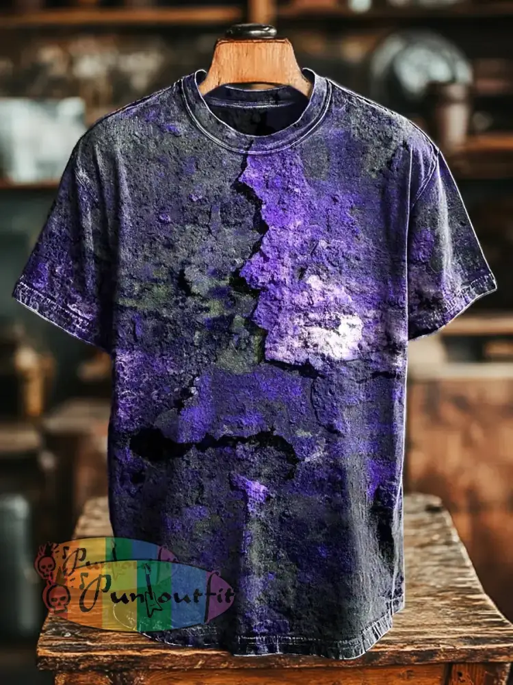 Unisex Retro Aged Rust Printed Casual Loose Short Sleeve T-Shirt Purple / S