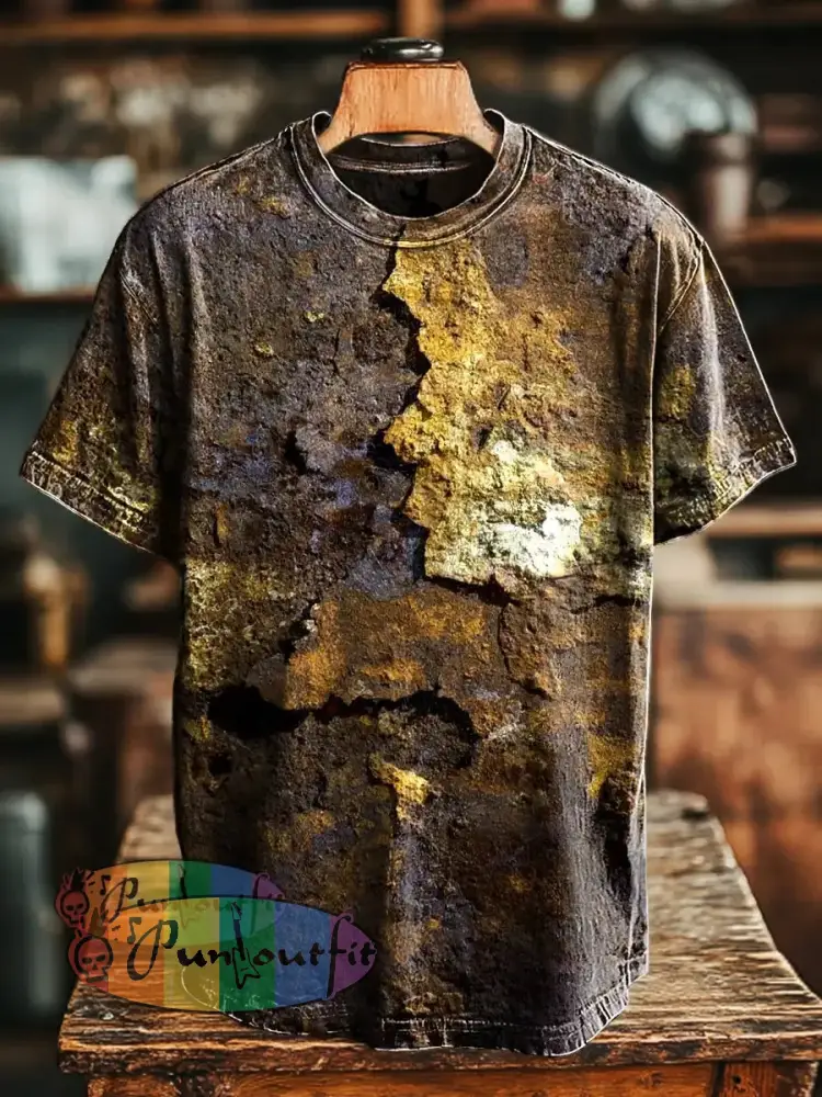 Unisex Retro Aged Rust Printed Casual Loose Short Sleeve T-Shirt Yellow / S