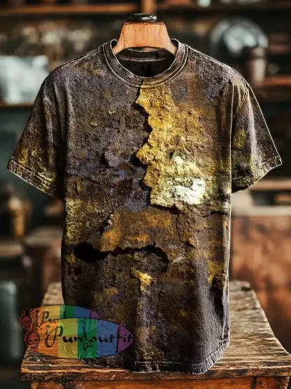 Unisex Retro Aged Rust Printed Casual Loose Short Sleeve T-Shirt Yellow / S