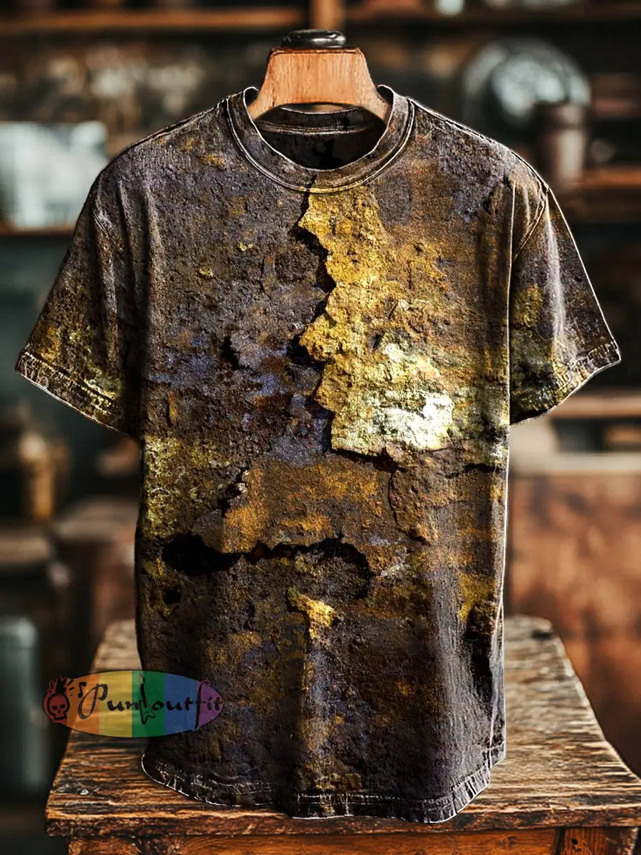 Unisex Retro Aged Rust Printed Casual Loose Short Sleeve T-Shirt Yellow / S