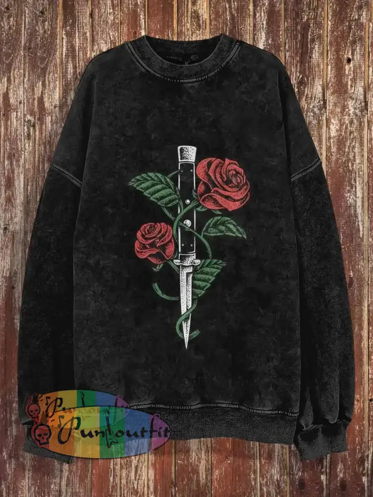 Unisex Rose And Knife Print Halloween Crew Neck Casual Sweatshirt Black / S