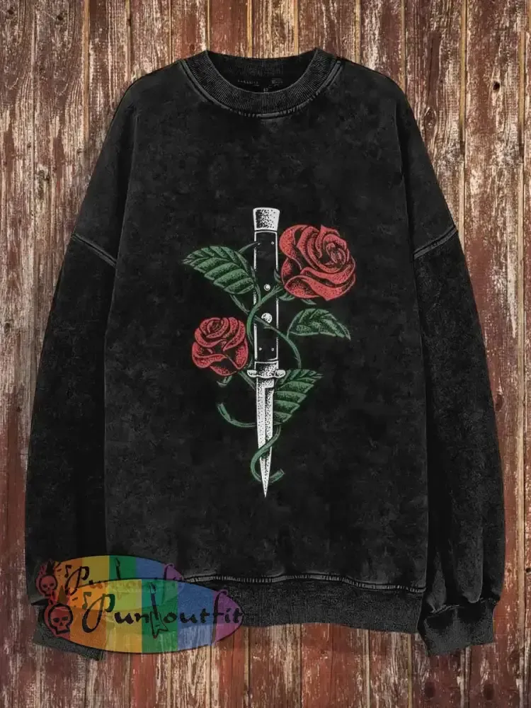 Unisex Rose And Knife Print Halloween Crew Neck Casual Sweatshirt Black / S