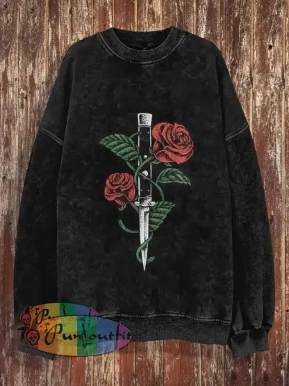 Unisex Rose And Knife Print Halloween Crew Neck Casual Sweatshirt Black / S