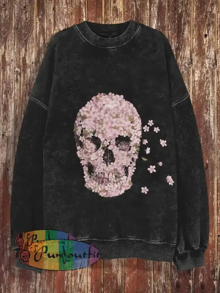 Unisex Rose Skull Halloween Print Crew Neck Casual Sweatshirt Black / S