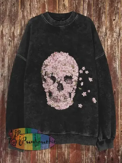 Unisex Rose Skull Halloween Print Crew Neck Casual Sweatshirt Black / S