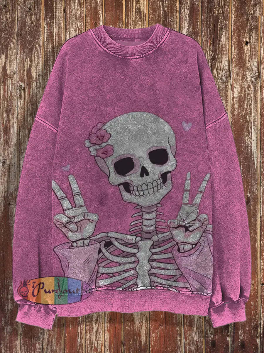 Unisex Skull Retro Round Neck Hoodie Loose Long Sleeved Sweatshirt Pink / S