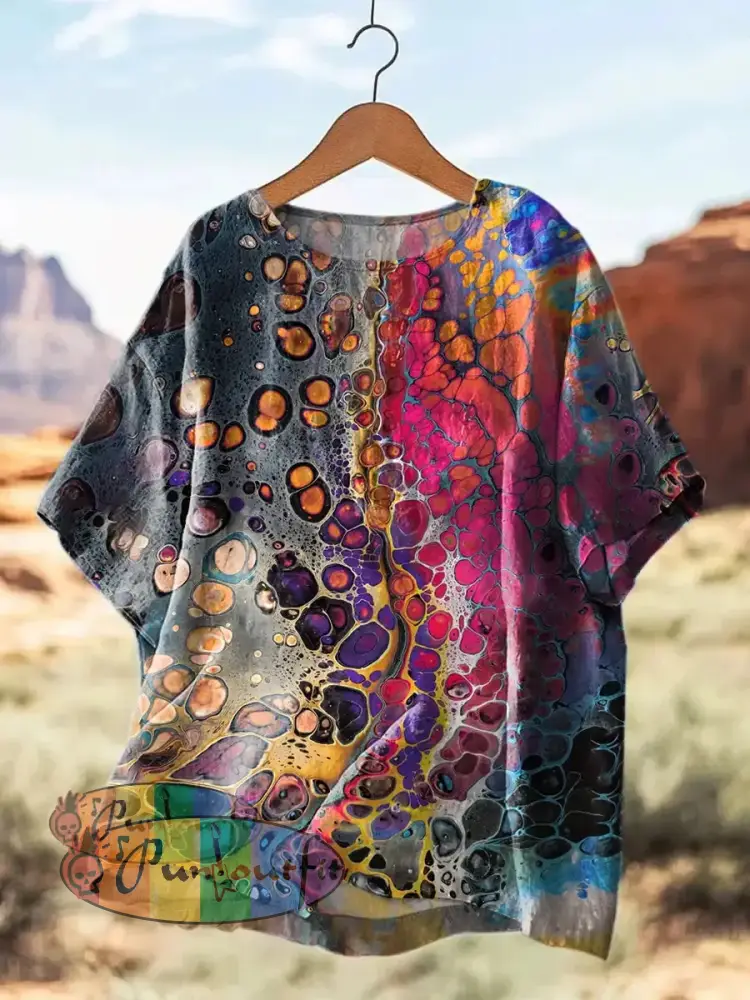 Unisex Vintage Colorful Ripple Print Abstract Print Casual Cotton Short Sleeve T-Shirt As picture / S