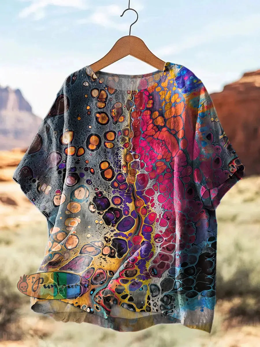 Unisex Vintage Colorful Ripple Print Abstract Print Casual Cotton Short Sleeve T-Shirt As picture / S