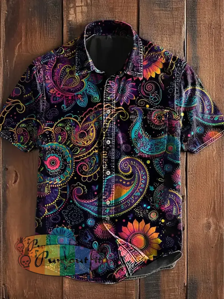 Unisex Vintage Colourful Perris Sunflower Floral Art Abstract Print Casual Upgraded Cotton Short Sleeve Pocket Shirt