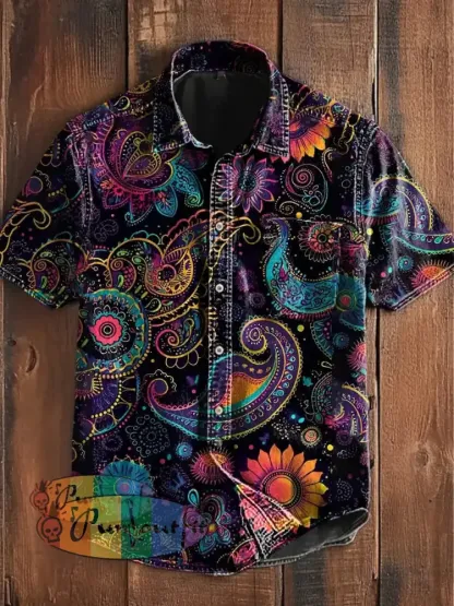 Unisex Vintage Colourful Perris Sunflower Floral Art Abstract Print Casual Upgraded Cotton Short Sleeve Pocket Shirt