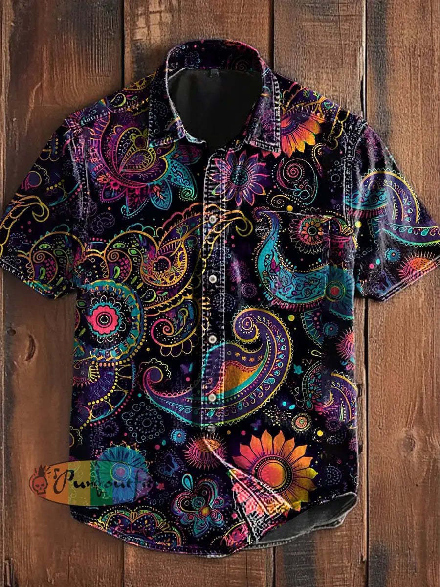 Unisex Vintage Colourful Perris Sunflower Floral Art Abstract Print Casual Upgraded Cotton Short Sleeve Pocket Shirt