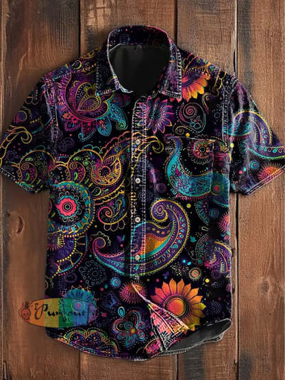 Unisex Vintage Colourful Perris Sunflower Floral Art Abstract Print Casual Upgraded Cotton Short Sleeve Pocket Shirt