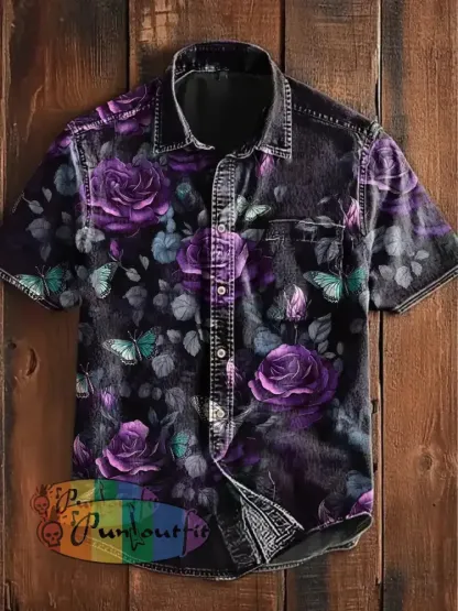 Unisex Vintage Gothic Butterfly Rose Floral Abstract Print Casual Upgraded Cotton Short Sleeve Pocket Shirt Purple / S