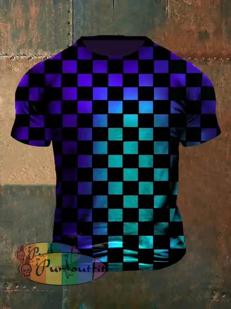 Unisex Vintage Gothic Gradient Plaid Colourful Abstract Print Casual Cotton Short Sleeve T-Shirt Purple / S