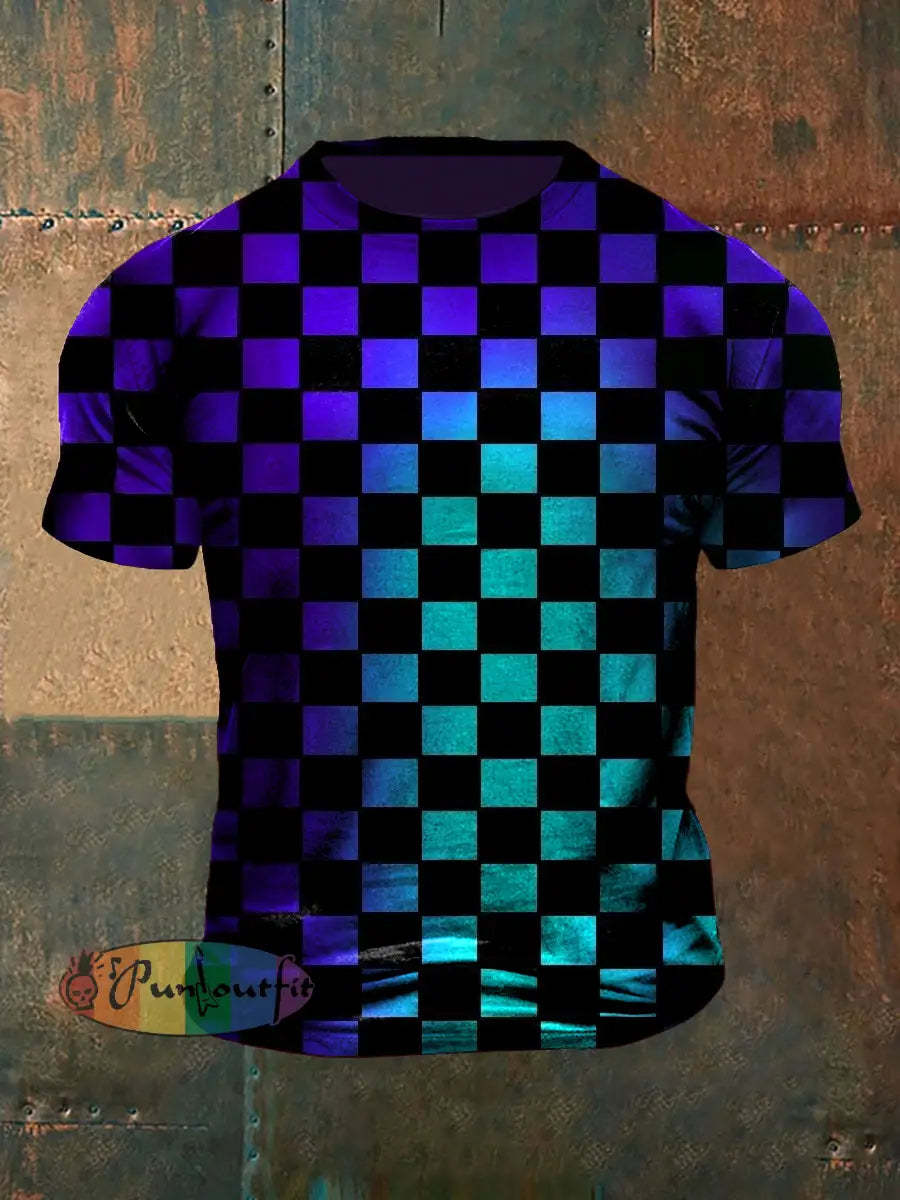 Unisex Vintage Gothic Gradient Plaid Colourful Abstract Print Casual Cotton Short Sleeve T-Shirt Purple / S