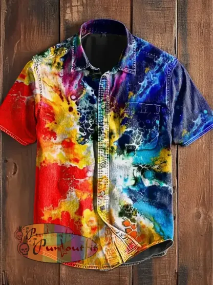 Unisex Vintage Gradient Colourful Waves Abstract Print Casual Cotton Short Sleeve Pocket Shirt As picture / S