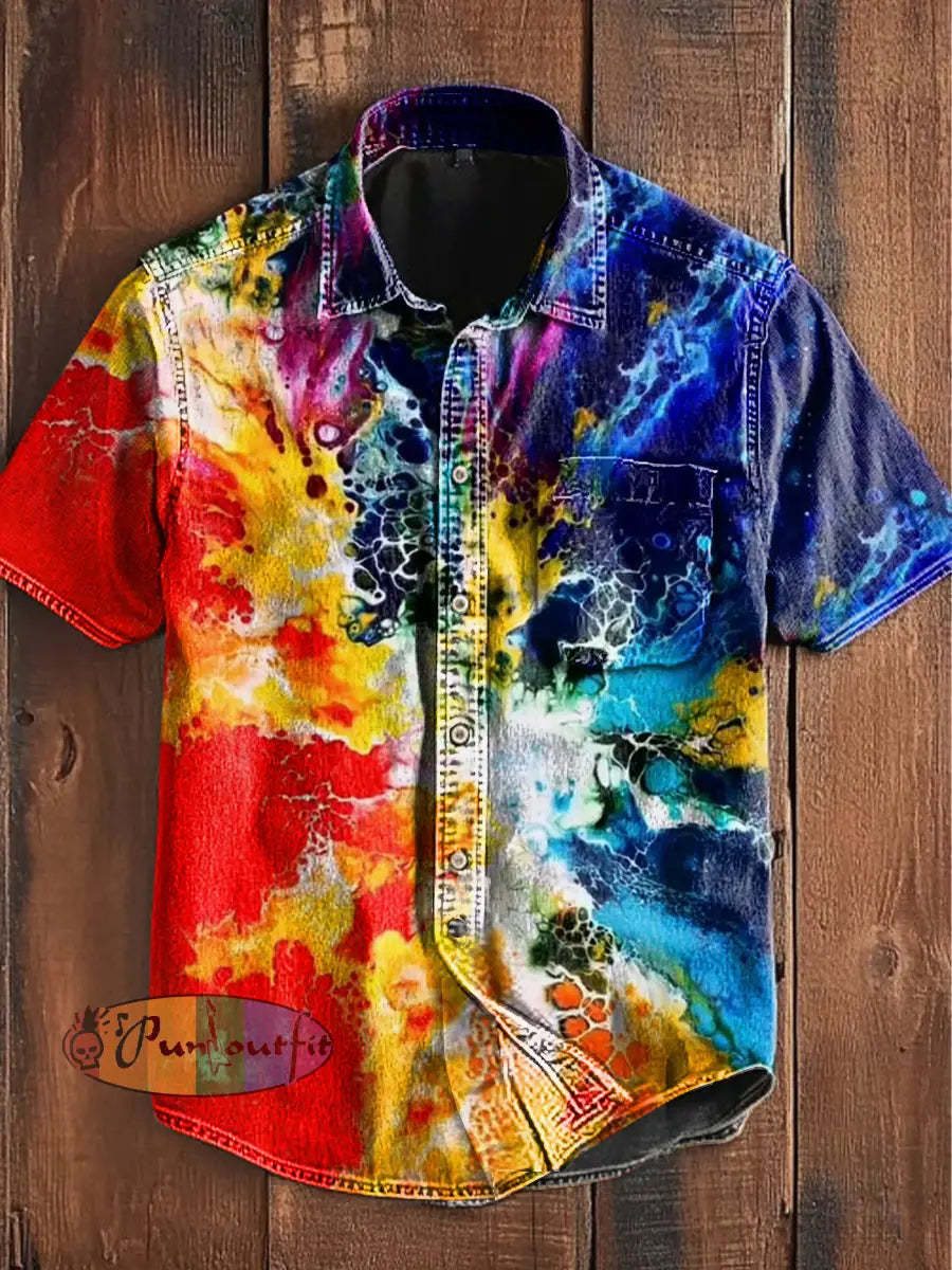 Unisex Vintage Gradient Colourful Waves Abstract Print Casual Cotton Short Sleeve Pocket Shirt As picture / S