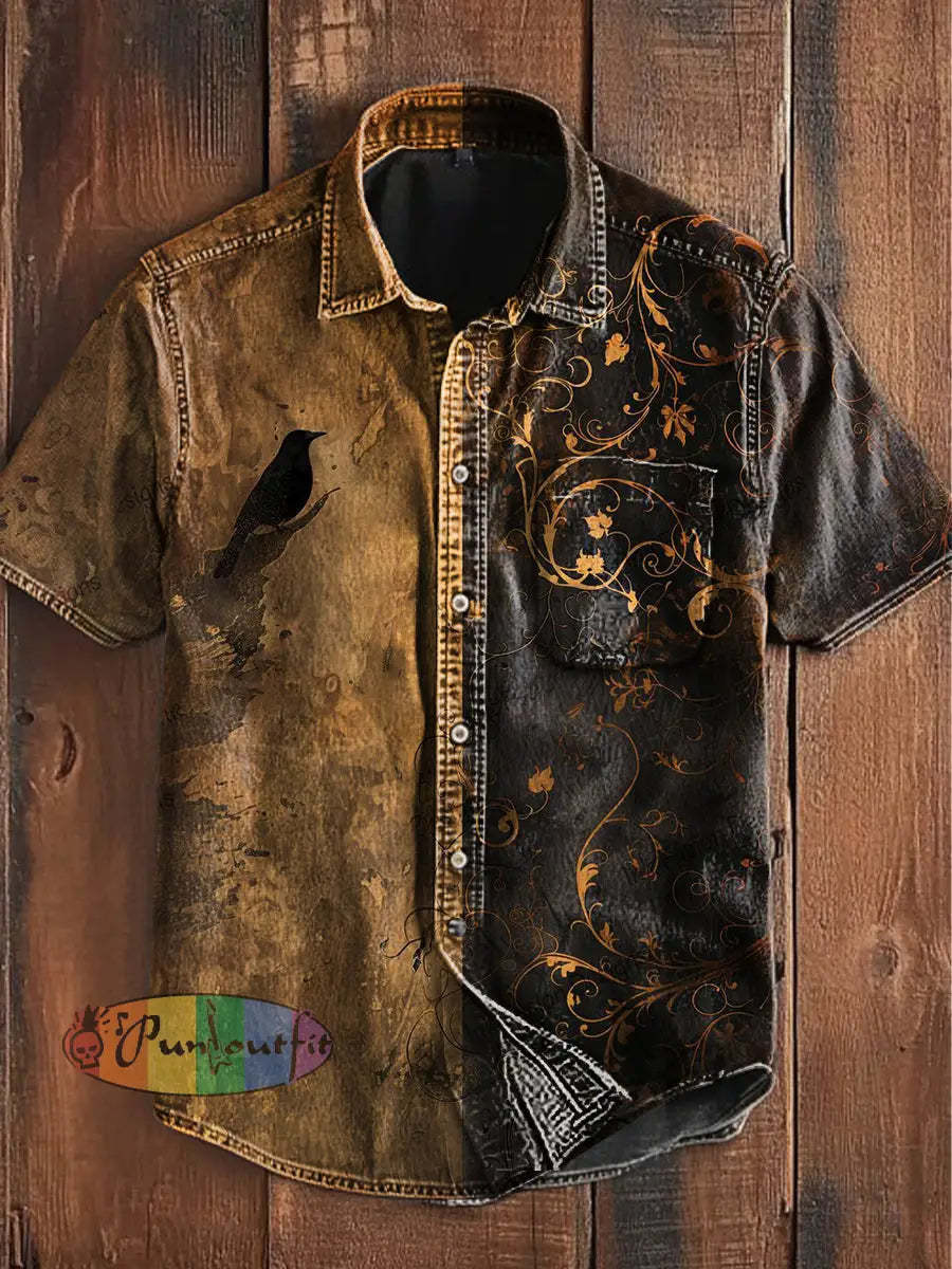 Unisex Vintage Punk Gothic Floral Raven Colour Blocking Abstract Print Casual Upgraded Cotton Short Sleeve Pocket Shirt