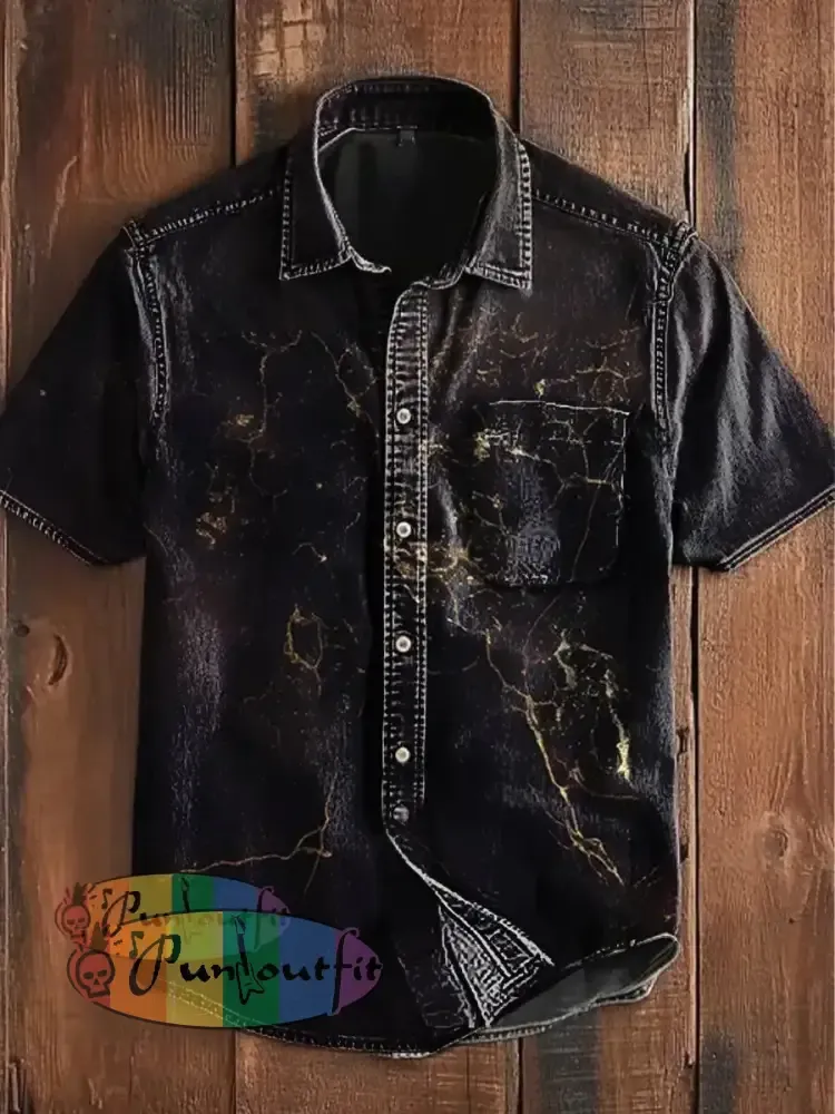 Unisex Vintage Punk Gothic Gold Crackle Abstract Print Casual Upgraded Cotton Short Sleeve Pocket Shirt Black / S