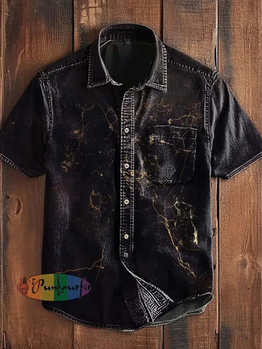 Unisex Vintage Punk Gothic Gold Crackle Abstract Print Casual Upgraded Cotton Short Sleeve Pocket Shirt Black / S