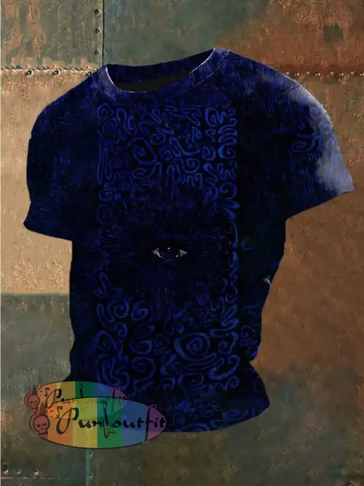 Unisex Vintage Punk Gothic Symbol Eyes Abstract Print Casual Cotton Short Sleeve T-Shirt Navy Blue / S