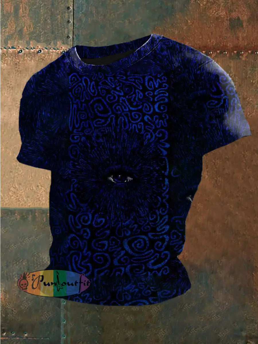 Unisex Vintage Punk Gothic Symbol Eyes Abstract Print Casual Cotton Short Sleeve T-Shirt Navy Blue / S